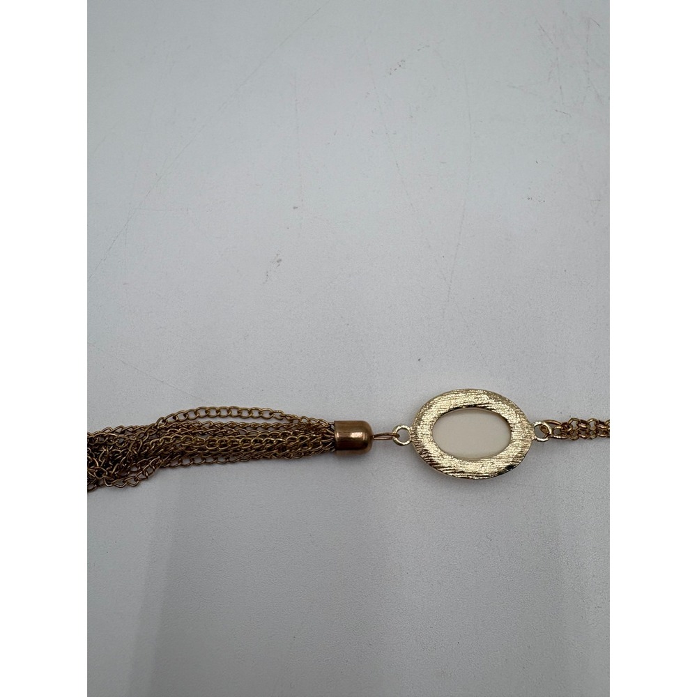 Gold Tone Long Chain Necklace White Faceted Stone Pendant Multi Strand Tassel - Picture 5 of 9